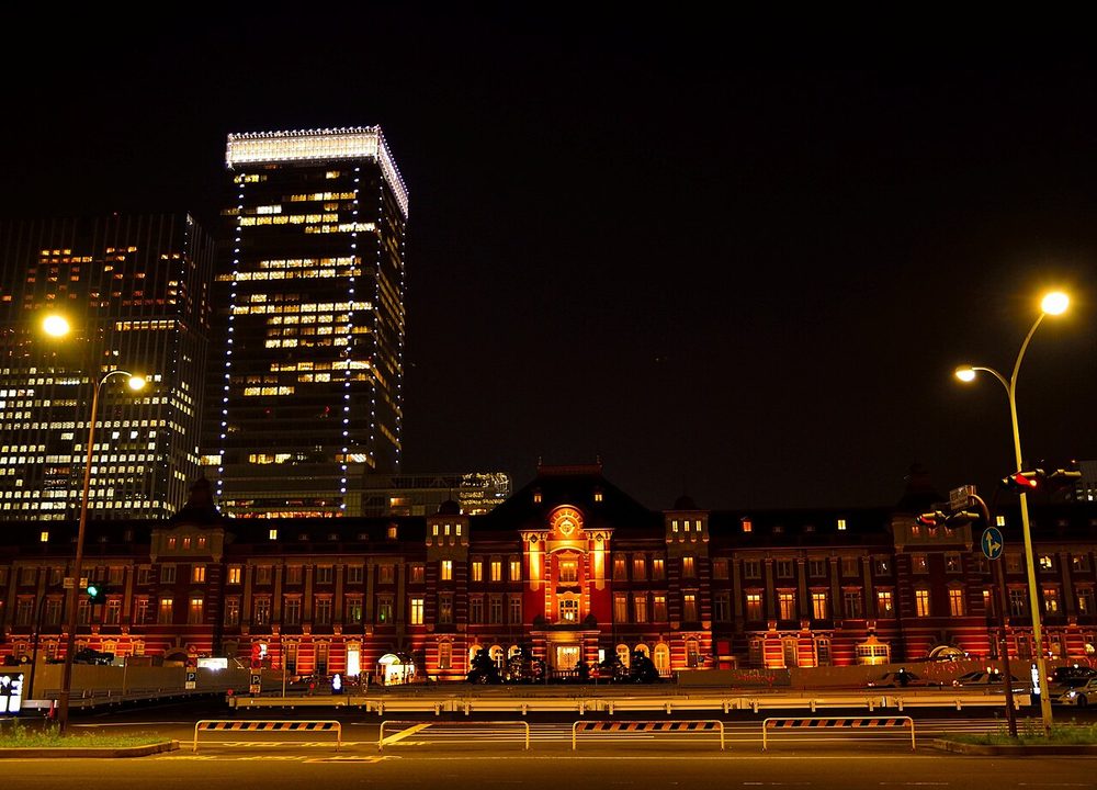 Tokyo Station's Marunouchi building lit up at night